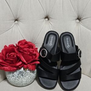 Black Slip-On Sandals with Buckle
